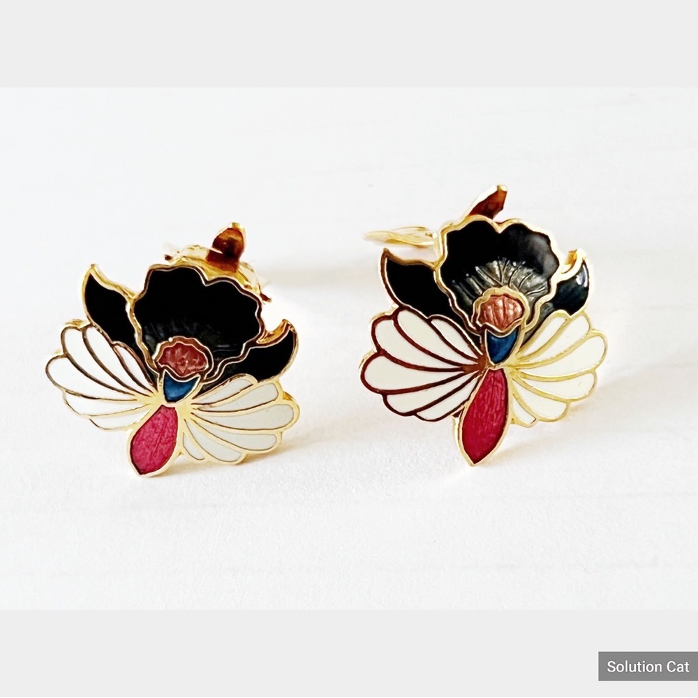 - VINTAGE 80'S CLOISONNE LOTUS ORCHID STYLE FLORAL Clips EARRINGS